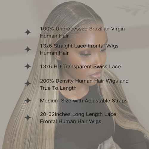 Ombre Ash Blonde Wigs Human Hair Natural Roots 200% Density 13x6 Straight HD Glueless Lace Frontal Wigs Human Hair for Women Pre Plucked Ombre Dirty Blonde Straight Lace Frontal Wigs 20 Inch