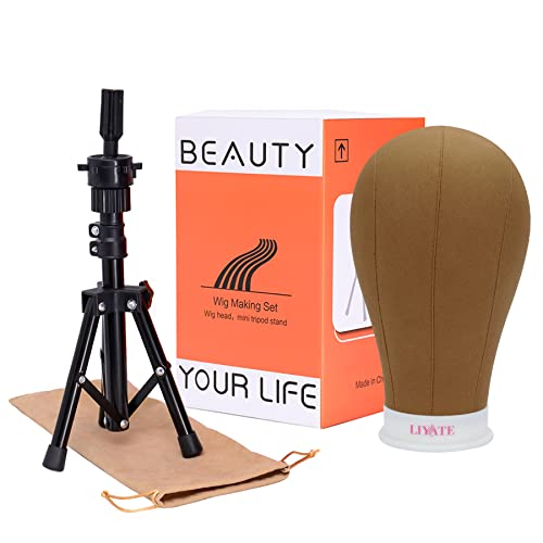 LIYATE Wig Stand Tripod with Head, Wig Head Stand with Mannequin Head, 23 Inch Wig Head, Mini Wig Stand Tripod for Mannequin Head, Wig Making Kit and Supplies, Wig Cap, T Pins Set, Phone Holder