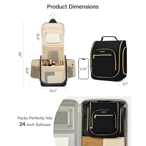 Hanke Hanging Travel Toiletry Bag for Men and Women, Water-Resistant Toiletries Bag Makeup Organizer with Hook, Cosmetic Bag for Bathroom & Travel Essentials Accessories, Black