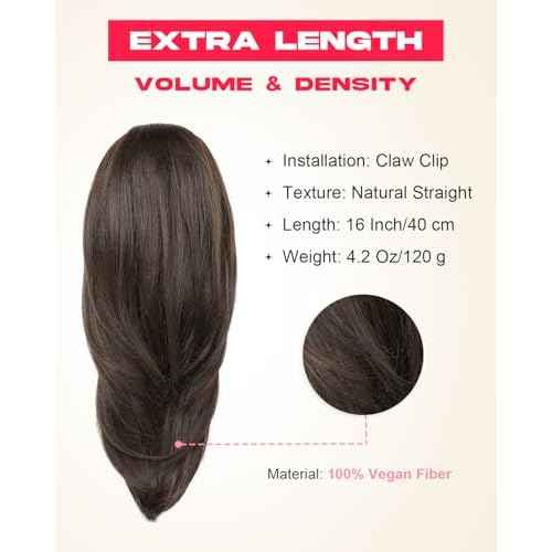 Ponytail Extension ? 16¡± Claw Clip in Ponytail Hair Extensions Natural Soft Synthetic High Pony Tail Hairpieces for Women (Chocolate Brown, 16 inch)