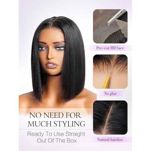 Bob Glueless Wigs Human Hair Pre Plucked Pre Cut 6x4 HD Lace Front Wigs Wear and Go Short Straight Bob Wigs for Black Women 150% Density Natural Black for Daily Use 12 Inch