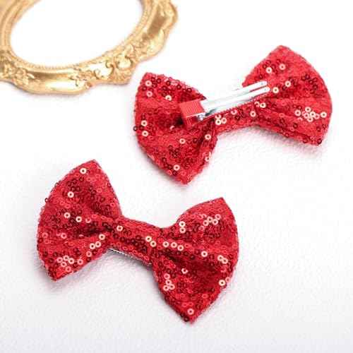 KISZU 4 Inch Sequin Glitter Hair Bows Clips, Sparkling Bling Little Bow HairPins Hair Accessories for Baby Girls Kids Children Teens and Women (Red)