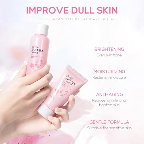 SAKURA Skin Care Set, Skin Care Sets & Kits Women Girls Gift Set with Cleanser, Face Serum, Face Cream, Toner, Eye Cream, Travel Size Skincare Set for Women Teen Girls Birthday Christmas Gift (SAKURA)