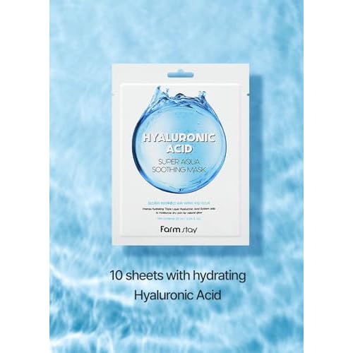 FARMSTAY Hyaluronic Acid Super Aqua Soothing Mask - Deep Hydration & Skin Calming Sheet Mask with Hyaluronic Acid - Moisturizing Care for All Skin Types, 0.84 fl.oz*10 Sheets