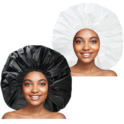 Super Jumbo Waterproof Shower Cap for Women - 2 Pack Black & White