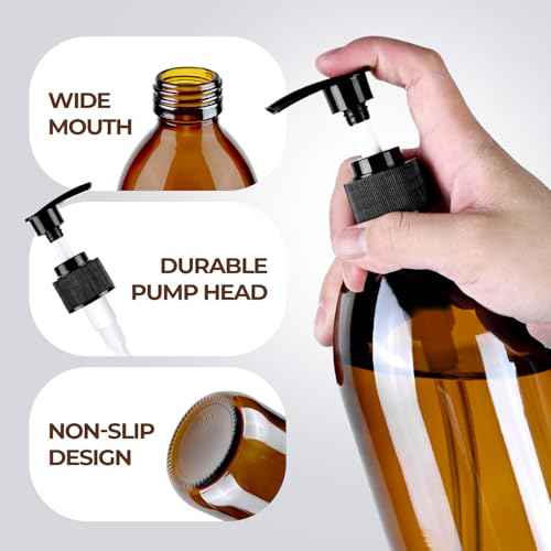 Amber Glass Soap Dispenser with Pump 16 oz, Homepicker Hand and Dish Soap Dispenser Set for Body Oil, Brown Glass Bottles with 1 Extra Pump Tops, Black Caps, Labels (2 Pack)