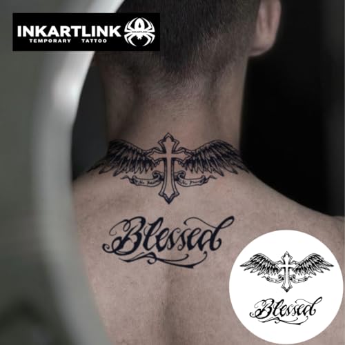 INKARTLINK Temporary Tattoo, Winged Cross Blessed Design, 2 Sheets, Waterproof, 1-2 Week