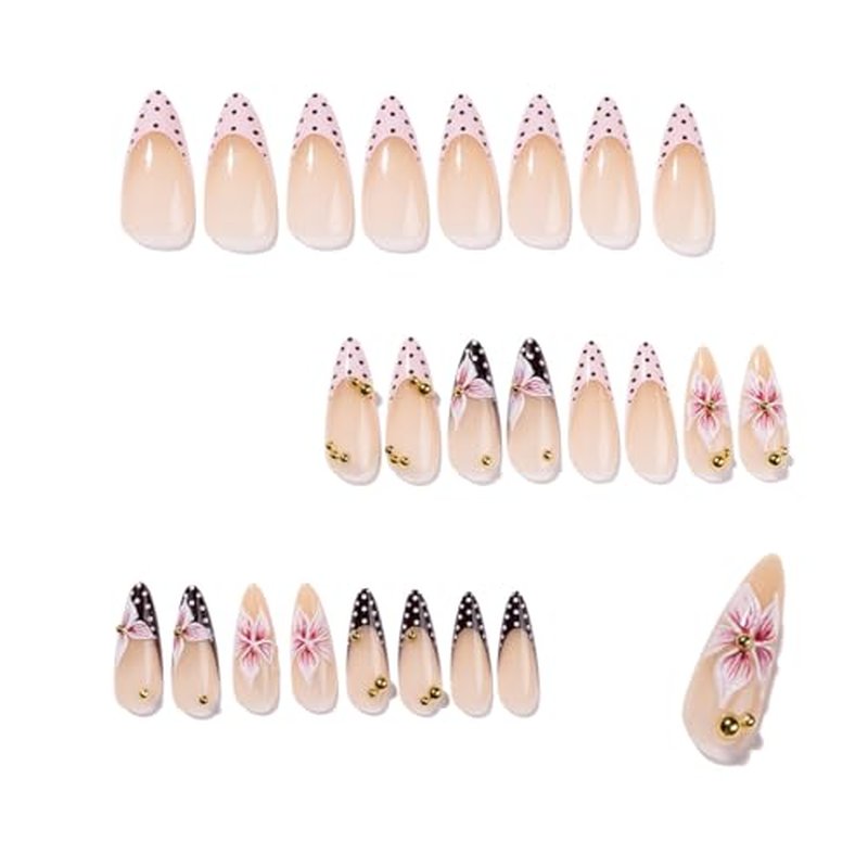 24Pc Long Stiletto Press On Nails - French Tip Floral
