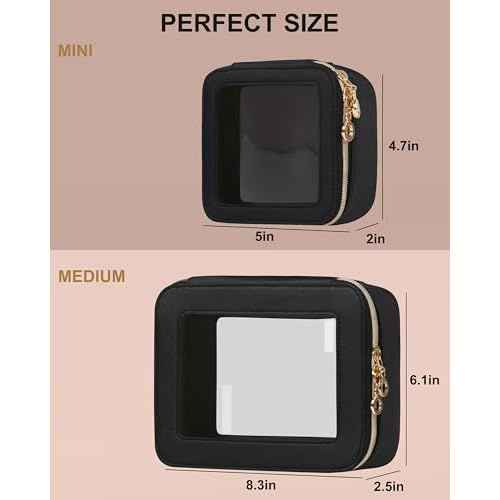 Leather Clear Makeup Bags Set - Travel Clear Cosmetic Bag Case with Zipper, Transparent TSA Approved Toiletry Bags for Travel Essentials Car Accessories for Women (Black, S+M)