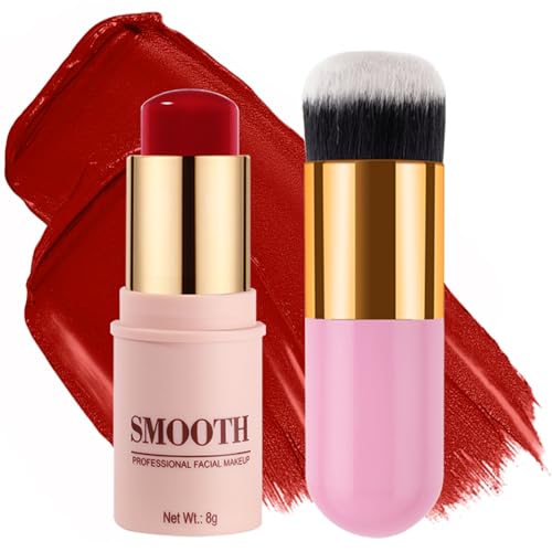 Multi-use Blush Stick, Monochromatic Face Beauty Wand for Cheek, Eyeshadow and Lip, Longwear Waterproof Matte Finish Cream Blush Makeup Stick with Brush for Women, 0.28oz (Hot Red #03)
