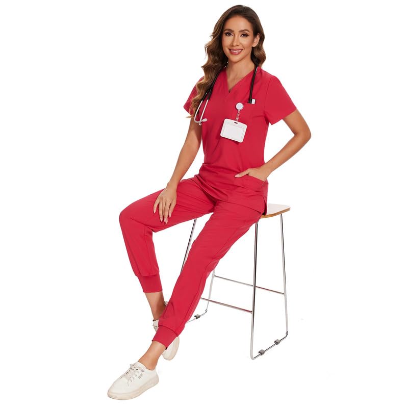 COZYFIT Scrubs for Women Set - Stretch V-Neck Scrub Top & Jogger Pant with 8 Pockets, Yoga Waistband, Anti Wrinkle, Slim Fit Women Scrubs - Rose Red, XS