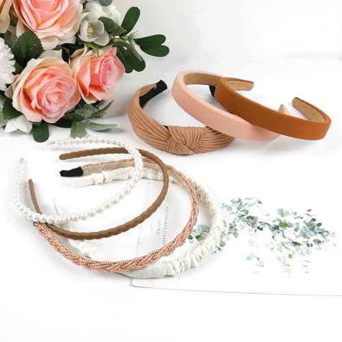 7 Pcs Headbands for Women Non Slip Headband Brown Knotted Headband for Women Pearl Headbands Different Fashion Headbands Hair Accessories