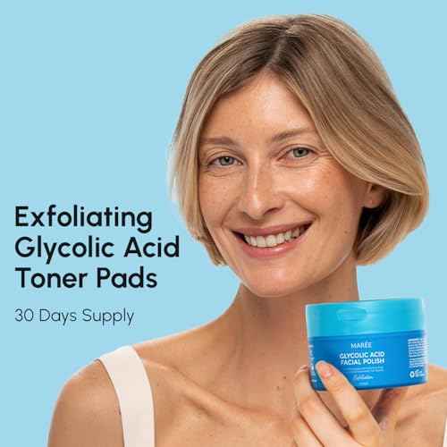 MAREE Glycolic Acid Pads - Toner Pads for Face Cleansing - Exfoliating Pad with Tea Tree Oil, Salicylic Acid & Vitamins E, B3, B5 - Acne Clearing, Skin Pore Resurfacing & Radiance Device - 50 Count