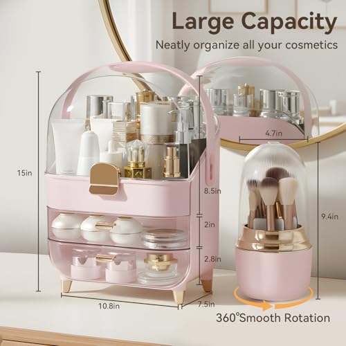 Large Pink Makeup Organizer with Brush Holder & Drawers