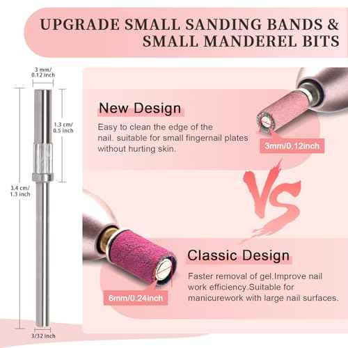 300Pcs Small Sanding Bands for Nail Drill Bits Set, Mini Sanding Bands with 2 Mandrel Bits Coarse Fine Grit #150#180#240 Grits, Professional for Acrylic Nails Manicures and Pedicure-Pink