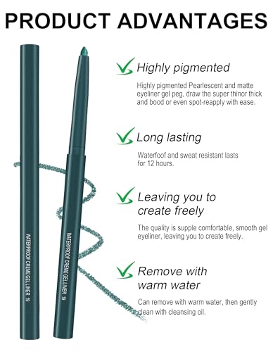 4 Pack Dark Green Waterproof Eyeliner Pencils, Retractable & Long-Lasting