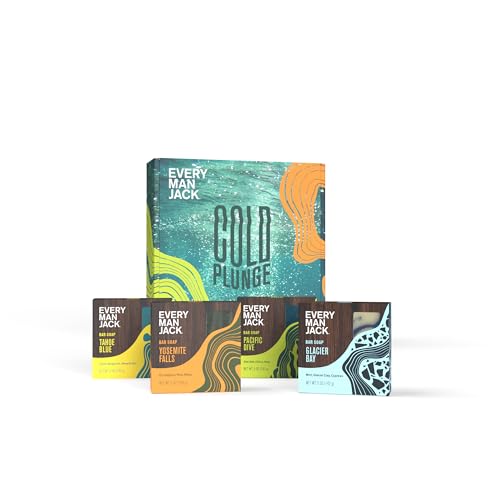 Every Man Jack Cold Plunge Mens Bar Soap Set - Deeply Cleans, Hydrates with Naturally Derived Ingredients - Iconic Cold Water Scents - Pacific Dive, Glacier Bay, Tahoe Blue, Yosemite Falls, 4 Bar Set