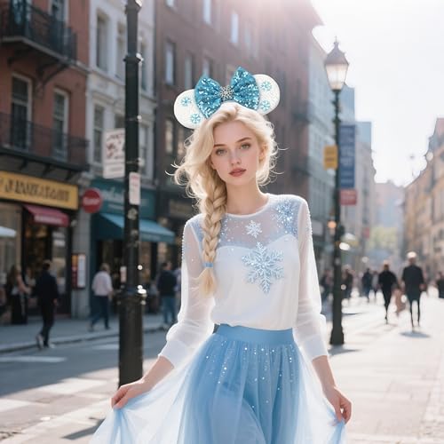 Bianbaistar Snowears Velvet Headband with Big Ears & Blue Bow - Winter Snowflake Sequin Accessory for Women & Kids
