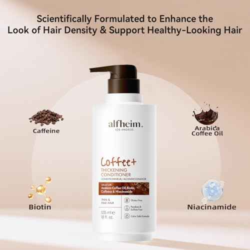 ALFHEIM Coffee+ Thickening Conditioner for Fine, Thin & Weak Hair with Caffeine, Biotin & Arabica Coffee Oil, Strengthening, Moisturizing & Volumizing Formula, Paraben-Free, Sulfate-Free,18 oz 535 ml