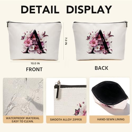 Pink Flower Initial A Makeup Bag - Travel Cosmetic Organizer for Women & Gifts