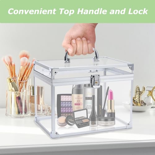 Crown Box, Clear Cosmetic Case, Acrylic Artists Display Case, Toiletry Train Case with Latches & Handle Large Capacity Acrylic Travel Makeup Tools Box for Vanity Dresser Bathroom Counter (Silver)