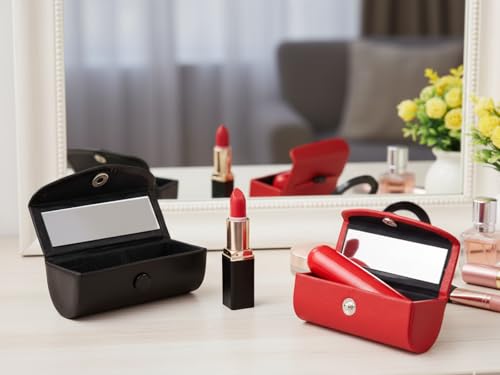 Leather Lipstick Case Holder Set of 2 with Mirror