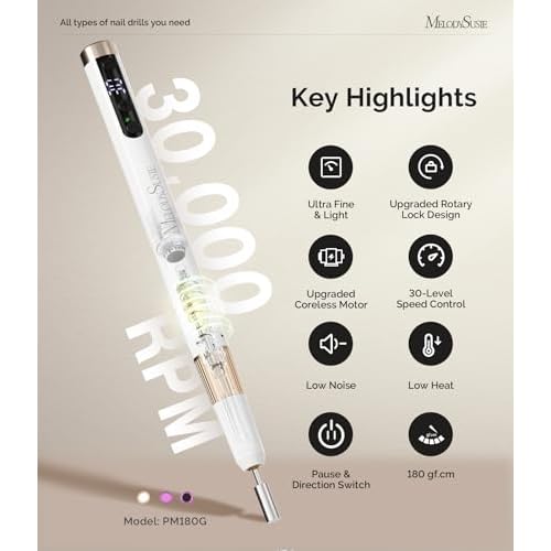 MelodySusie Pen-Shaped Ultra-Slim Cordless Nail Drill,PM180G 30000RPM Portable Rechargeable Electric File with Rotary Lock Design for All Manicure,Shaping & Acrylic Gel Removal for Advanced Home Use