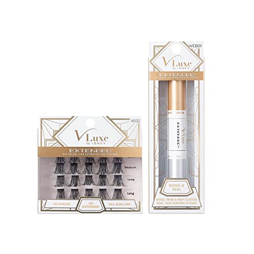 VLuxe Extended Collection: DIY Eyelash Extension 3D Extended and Bond & Seal Set - Featherlight Synthetic Reusable Artificial Eyelashes Multipack Lash Clusters