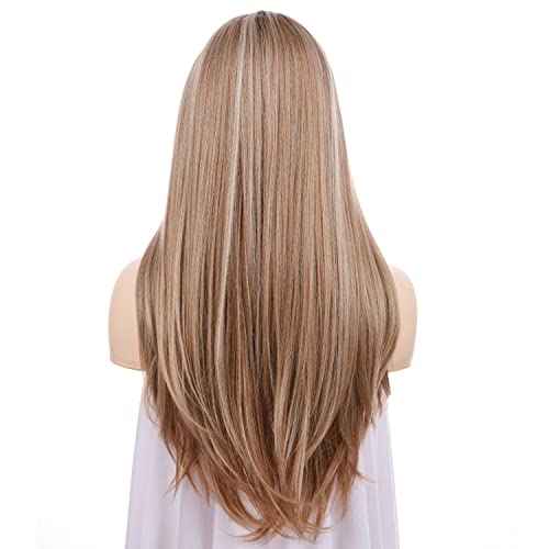 Onedor 24 Inch Fiber Straight Lace Front Wig - Glueless Side Part Dark Root Wigs for Women (Dark Natural Blonde Blended & Pale Golden Blonde with Dark Roots-OT8/386/624)