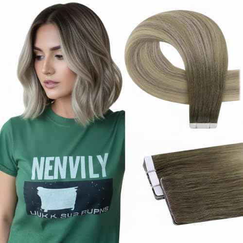 Full Shine Injected Tape in Hair Extensions 14Inch Seamless Injection Tape In Human Hair Extensions Color Blonde and Brown Balayage 20Gram 10Pcs Intact Invisible Machine Remy Human Hair for Women