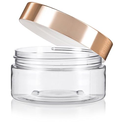 (12 Pack) 8 oz Clear Plastic Low Profile Wide Mouth Jar with Gold Metal Overshell Lid