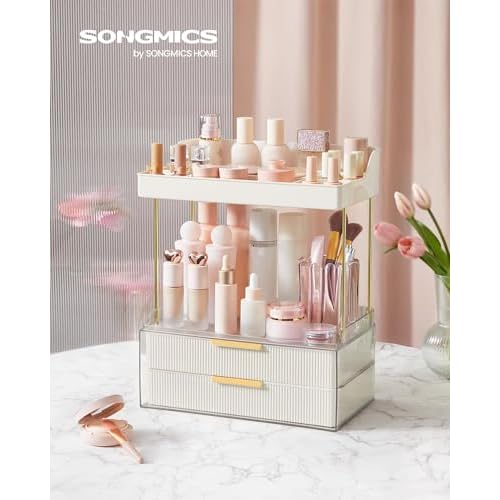 SONGMICS 4-Layer Makeup Organizer, Skincare Organizer, 4 Dividers, Anti-Slip Design, Bathroom Counter Organizer, Versatile for Vanity Bedroom Kitchen, 7.8 x 12.5 x 15.4 Inches, Cloud White UJKA021W01