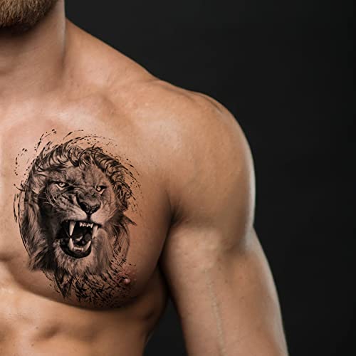 Temporary Tattoos Animal, 6-Sheet Wolf Lion Large Temporary Tattoo for Men, Waterproof Long Lasting Tattoos Realistic Fake Tattoos for Women Kids