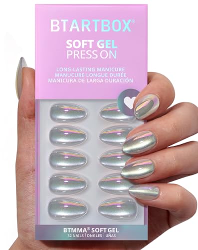 BTArtbox Cat Eye Short Almond Press On Nails 32Pcs Full Kit - Chaos Chrome Variation