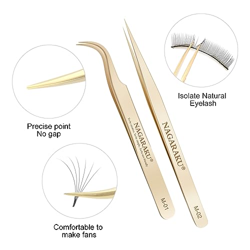 NAGARAKU Tweezers for Eyelash Extensions Straight and Curved Precision Professional Volume Easy Fanning lash Precise Point 1 Pair (M-01 and M-02)