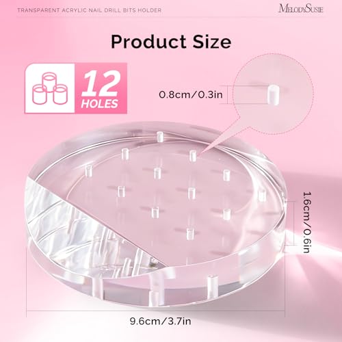 MelodySusie 12 Holes Acrylic Nail Drill Bit Holder Round 3/32 Inch - Clear Organizer for Nail Salon & Home Use