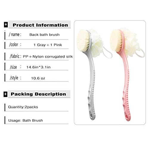 AARainbow 2 Packs Shower Body Brush with Bristles and Loofah, Back Scrubber Mesh Sponge with Curved Long Handle for Skin Exfoliating Bath, Massage Bristles Suitable for Men and Women (1Gray+1Pink)