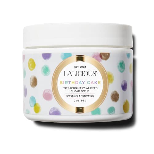 LALICIOUS Birthday Cake Extraordinary Whipped Sugar Scrub - Pink Shimmer Body & Foot Scrub, Exfoliating & Moisturizing Skin Care with Coconut Oil & Honey, No Parabens (2 Ounce Travel Sample Size)