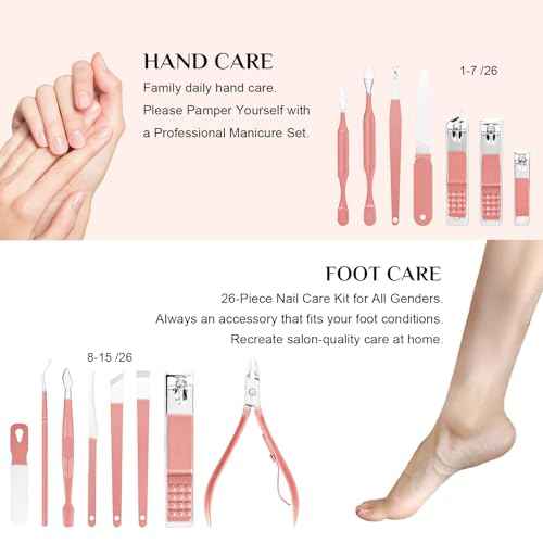 Nail Clippers Set, 26 Piece Manicure Set & Pedicure Kit, Stainless Steel Fingernail & Toenail Clipper Cutters, Professional Nail Care Tools with Luxurious Travel Case for Men and Women, Metallic Pink