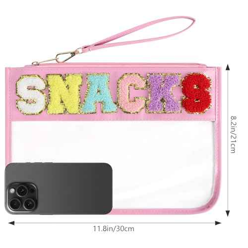 Clear Snack Bag for Travel, Chenille Letter Clear Zipper Snacks Pouch Nylon Cosmetic Bag Makeup Travel Bag for Women