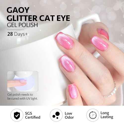 GAOY Cat Eye Gel Nail Polish, 16ml Pink Glitter Holographic Nail Polish with Magnet, Reflective Translucent UV Gel, 2280 Electric Pink