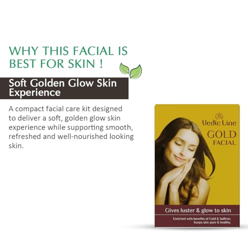 Vedic Line Gold Facial Kit Beautiful Golden Glowing Brightening Skin with Saffron, Almond and Sandalwood Ingredients (Cleanser, Scrub, Cream, Massage Gel, Pack, Serum), 49ml