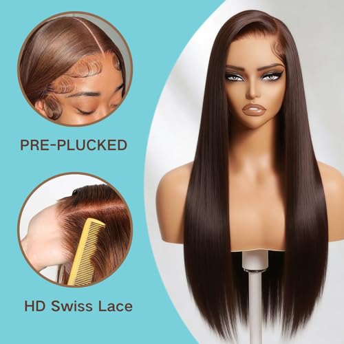 GZX 20 Inch Chocolate Brown Lace Front Wig - 13x6 HD Human Hair