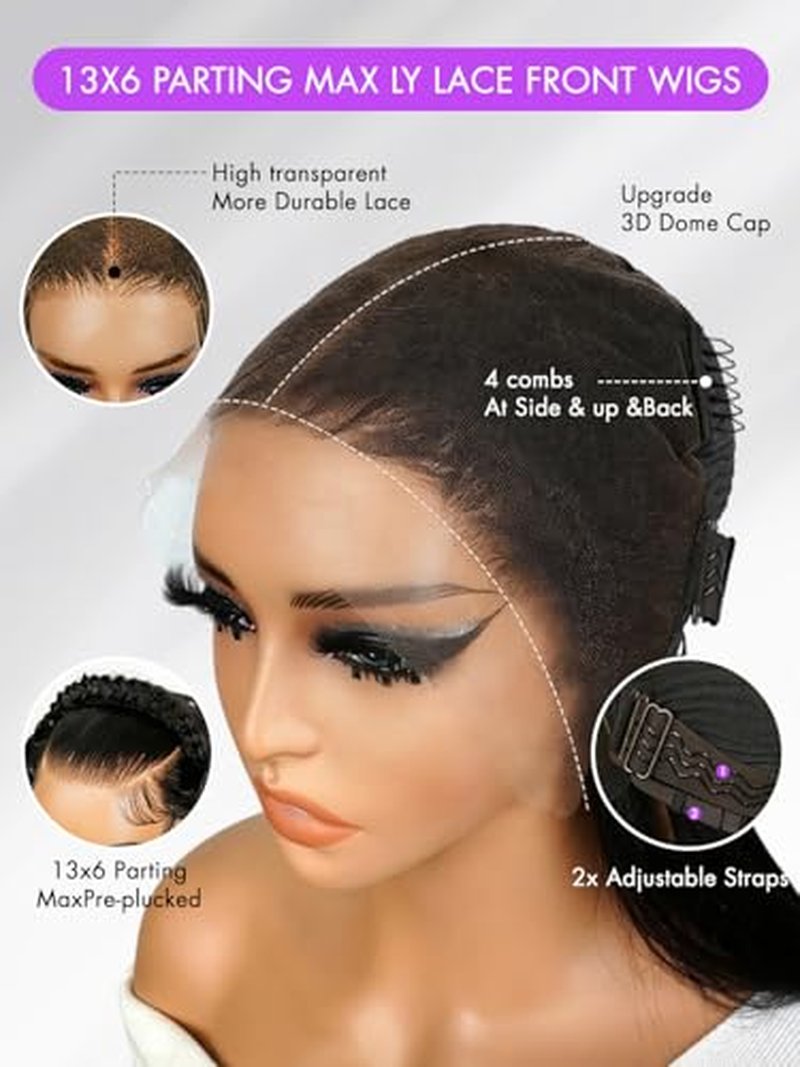 13x6 Lace Front Wig Human Hair 34" Straight Natural Black 200%