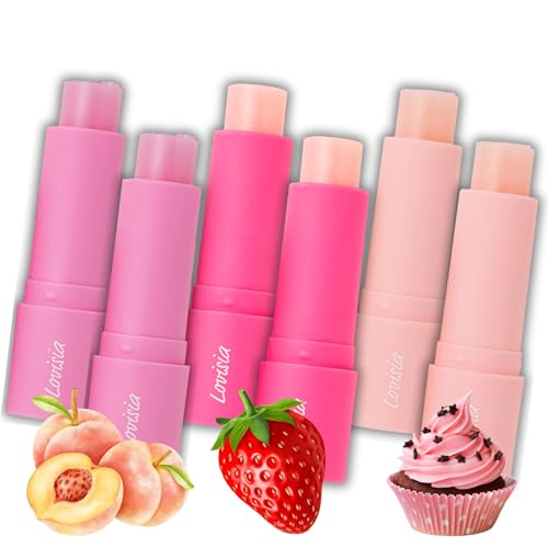 Kirby 6EA Small Lip Balm for Girls, Cute Lip Balm for Women with Camellia, Jojoba Seed Oil& Vitamin E, Shea Butter Lip Balm & Lip Moisturizer for Dry Lips, Made in Japan, Strawberry+Peach+Cake
