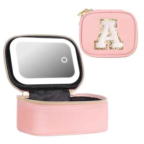 Mini Initial Makeup Bag With Led Mirror With Lights Gifts For Women Girls, Small Makeup Box For Travel Gift, Cosmetic Bag Make Up Organizer Personalized Bags Birthday Christmas Gifts For Womens (A)
