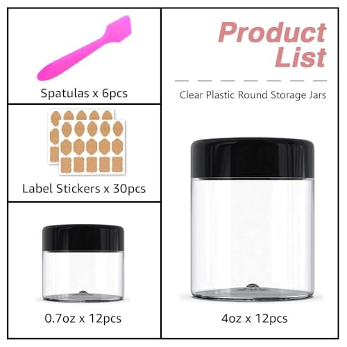 12 Pack 4oz + 12 Pack 0.7oz Cosmetic Jars with Lids | AMORIX Plastic Containers