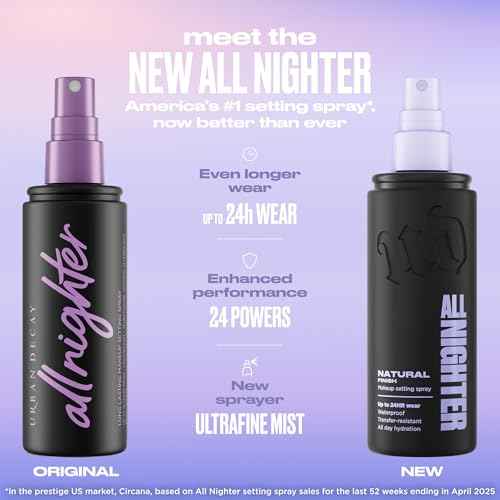 Urban Decay All Nighter Waterproof Makeup Setting Spray - Natural Finish, Up to 24HR Wear, Ultra-Fine Facial Mist, Hydrating Foundation Face Primer, Smudge-Proof, Transfer-Resistant