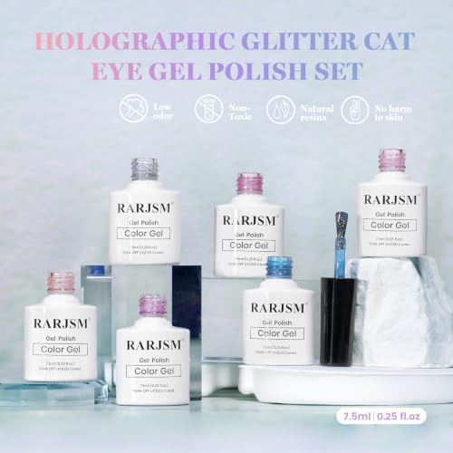 RARJSM Rainbow Cat Eye Gel Nail Polish Set 6pcs Holographic Glitter Manicure