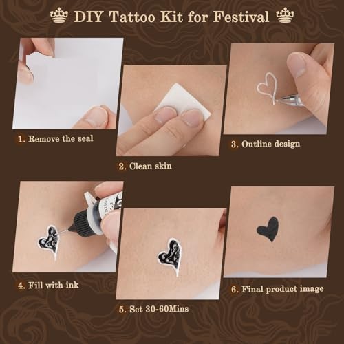 Brown Temporary Tattoo Stencils Kit - 4 Pcs Brown Tattoo Cones with 1Pcs Outline Pen |Tattoo Stencils Kit Includes Reusable Stencil Designs | DIY Body Art for Kids & Adults Party Gifts